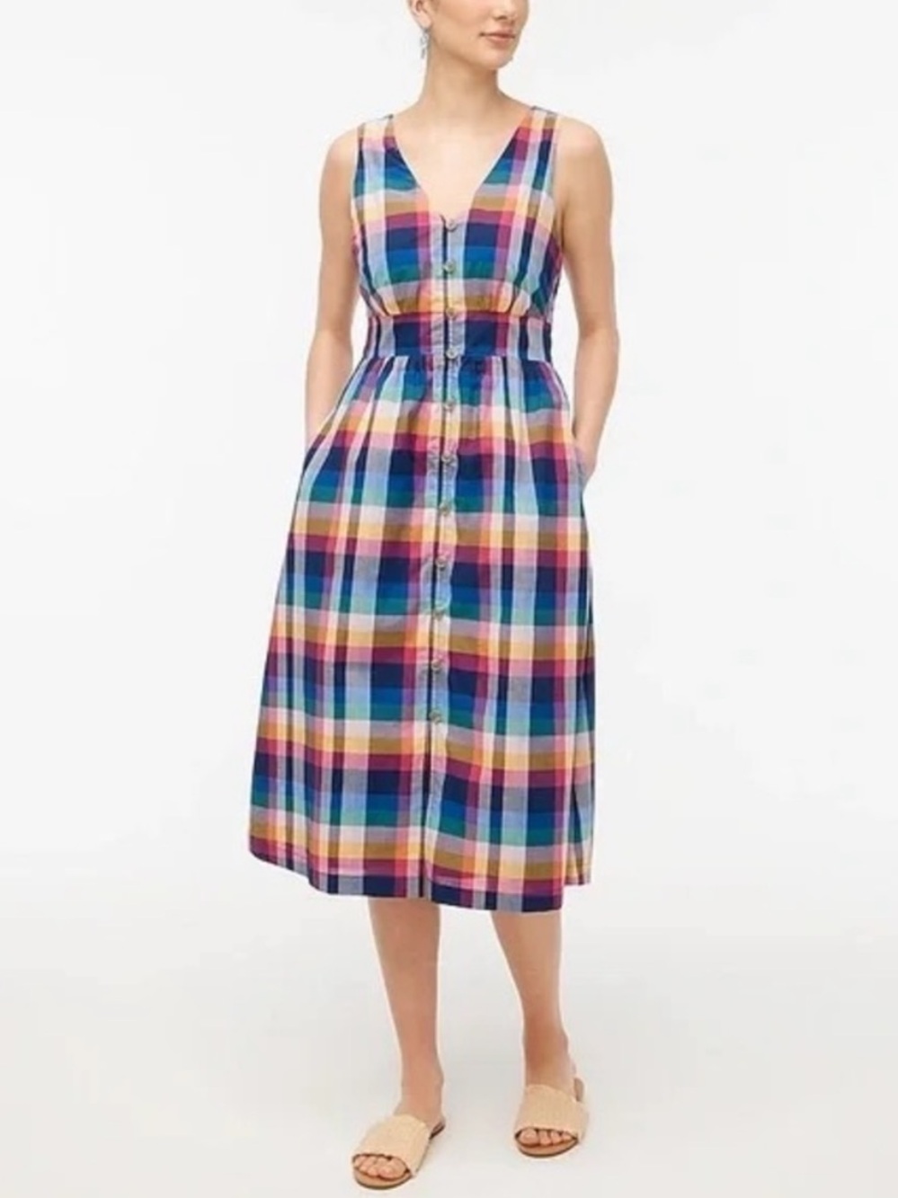 J. Crew Multicolor Plaid Madras V-Neck Sleeveless Midi Dress w/ Buttons - Picture 2 of 7